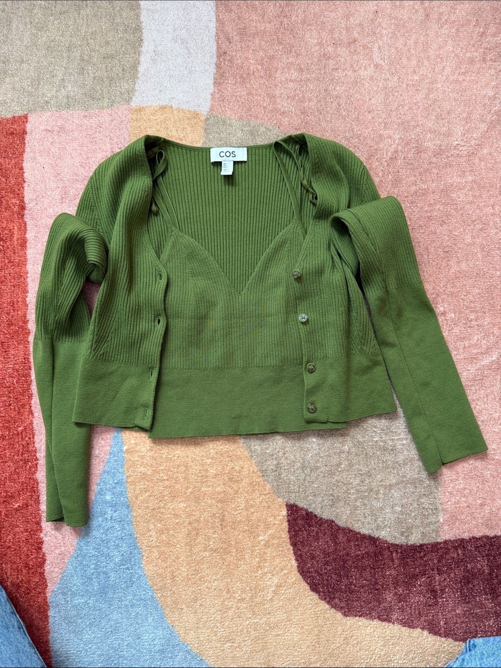 COS Olive Green Ribbed V-Neck Button Cardigan Set with Tank